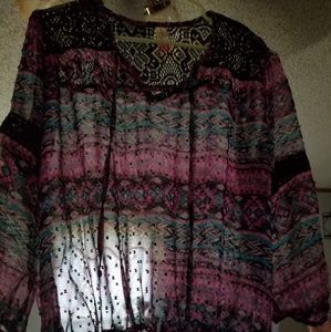 Purple and black patterned seethrough mesh blouse